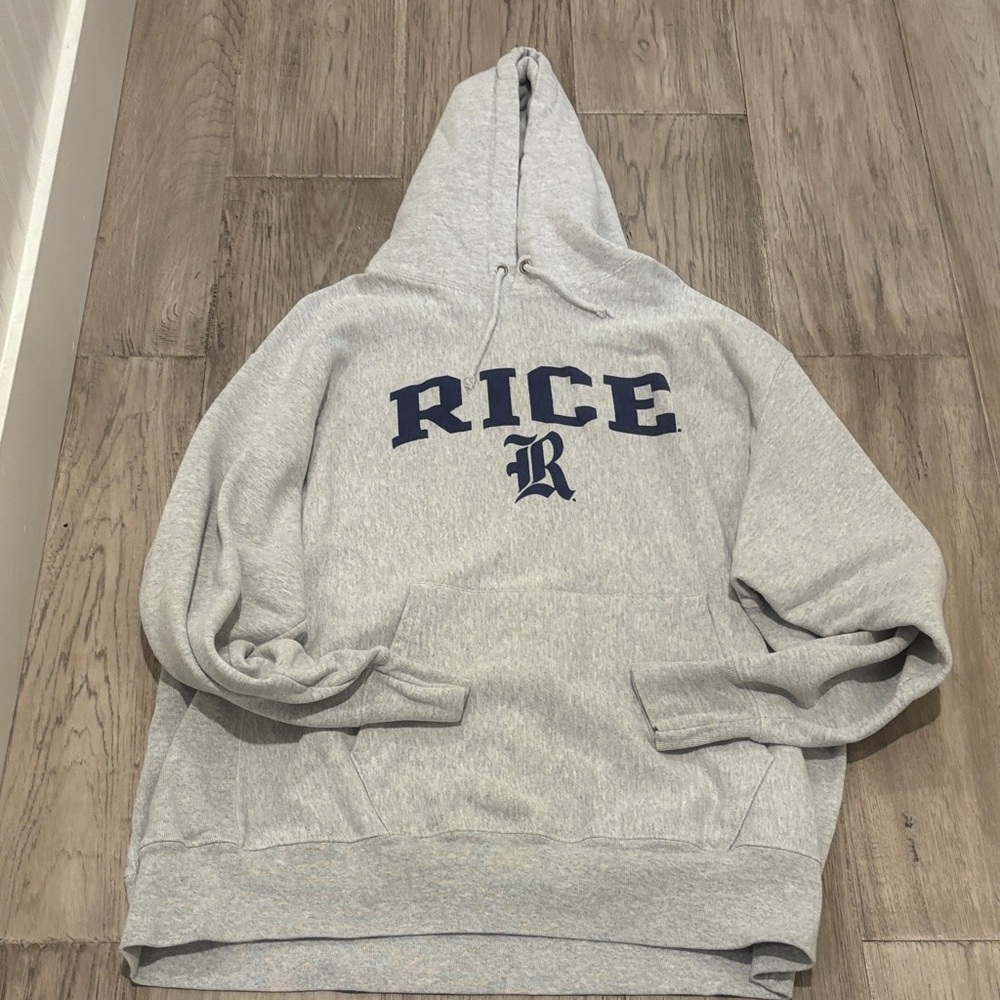 Champion Light Gray Hoodie with Navy Print